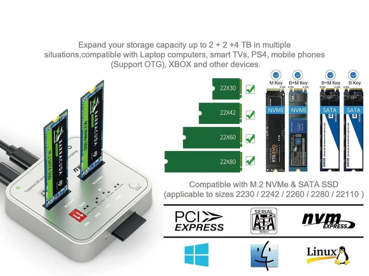 Maiwo K3016CL-telakointiasema kiintolevyn kloonaukseen, SATA ja NVMe SSD 1:1, 10 Gb/s, M-Key ja B+M Key, SD Express -kortinlukija - Image 3