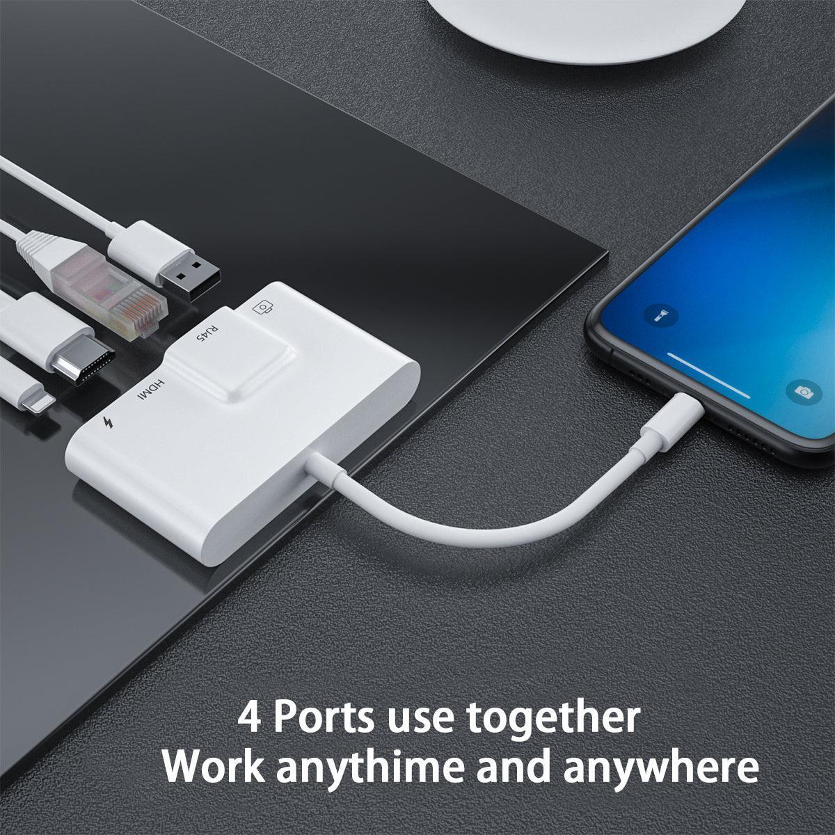 NÖRDIC Lightning-sovitin 1–4 porttia, 1x HDMI, 1x RJ45 10/100 Mb/s, 1x USB A 3.1 ja 1x Lightning-latausportti - Image 3